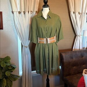 Olive Green LINEN Button-Up Dress W/ pockets